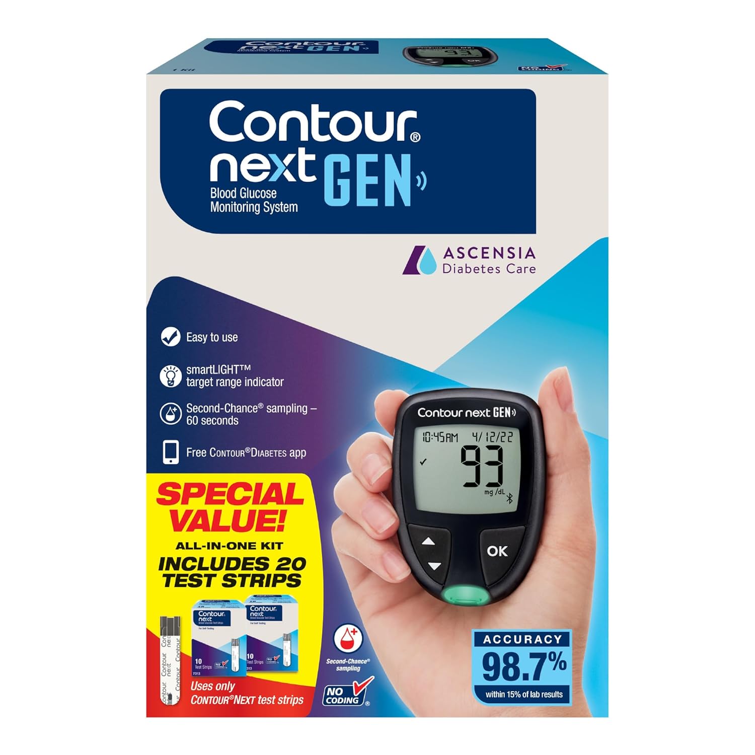 Ascensia CONTOUR NEXT GEN Blood Glucose Monitor All-In-One Kit with 20 Test Strips, Accura
