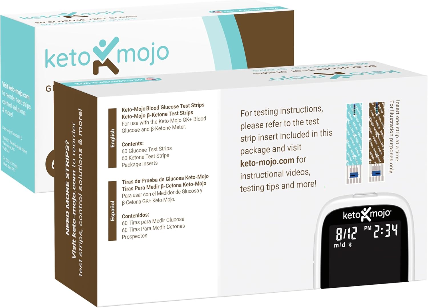 KETO-MOJO Blood Glucose and Ketone Test Strips Combo Pack | 60 Glucose + 60 Ketone Strips (120 Count) | for Use Only with GK+ Meter